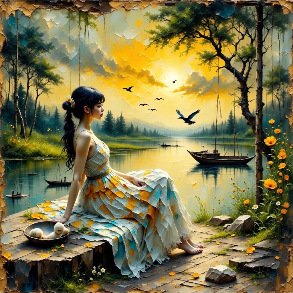 Shakespearean Village Scene with Woman in Swing