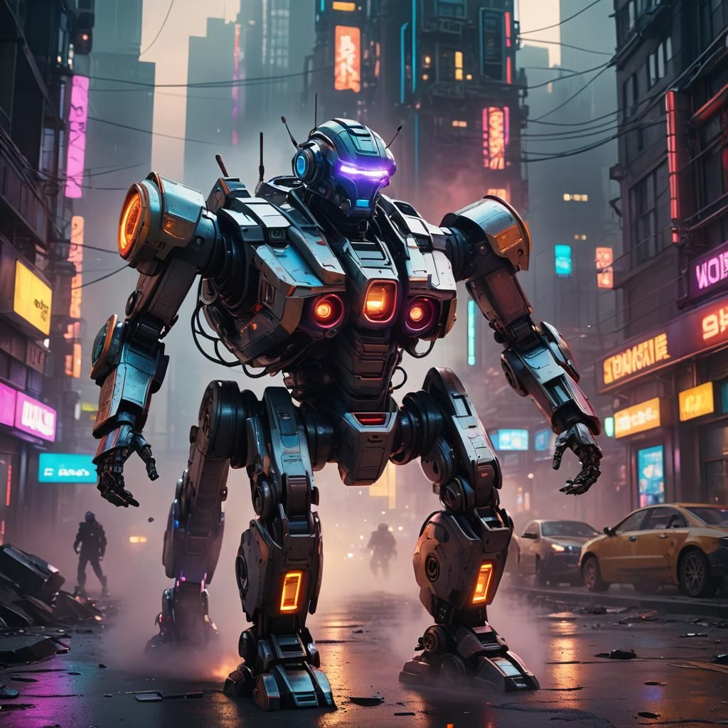 Sci-Fi Robot in Futuristic Cityscape, Digital Art