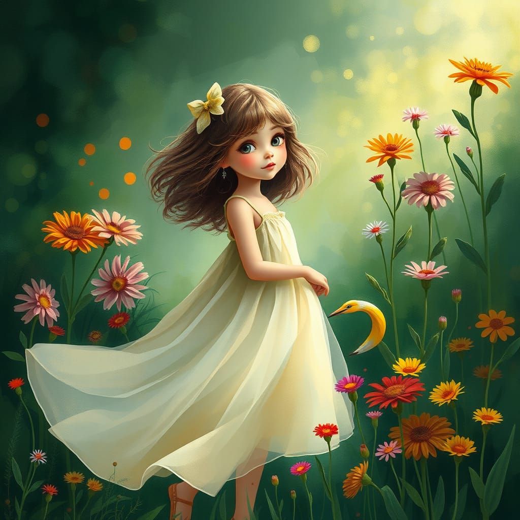 Dreamy Girl Surrounded by Wildflowers Digital Art