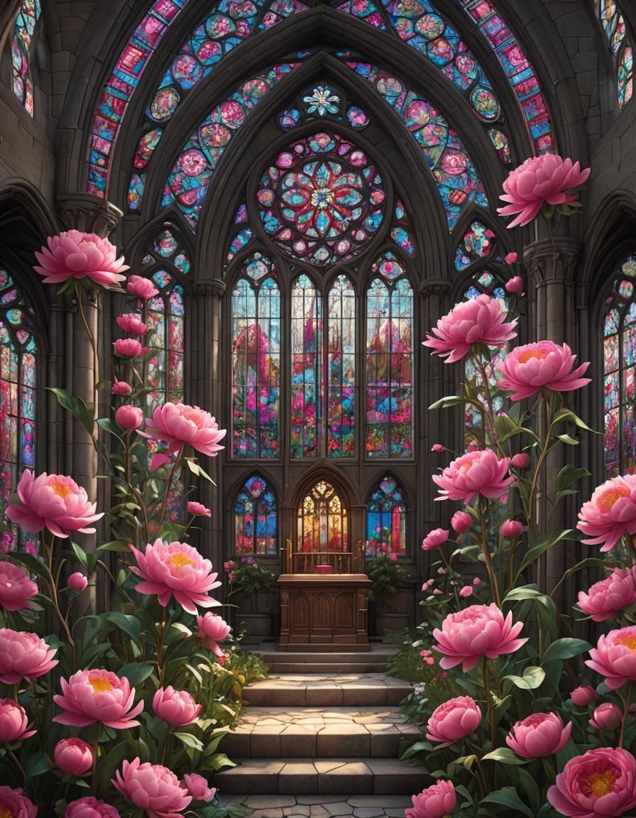 Fantastical Stained Glass Church with Pink Peonies