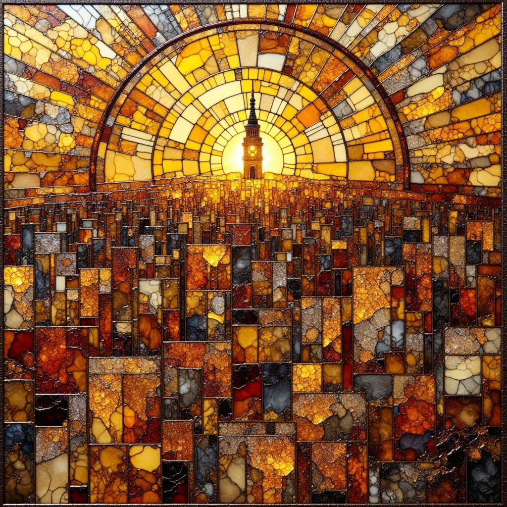 Kintsugi Mosaic Cityscape at Sunset in Impasto Style