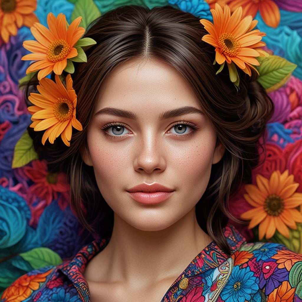 Stunning Hyperrealistic Portrait of a Flower Adorned Woman