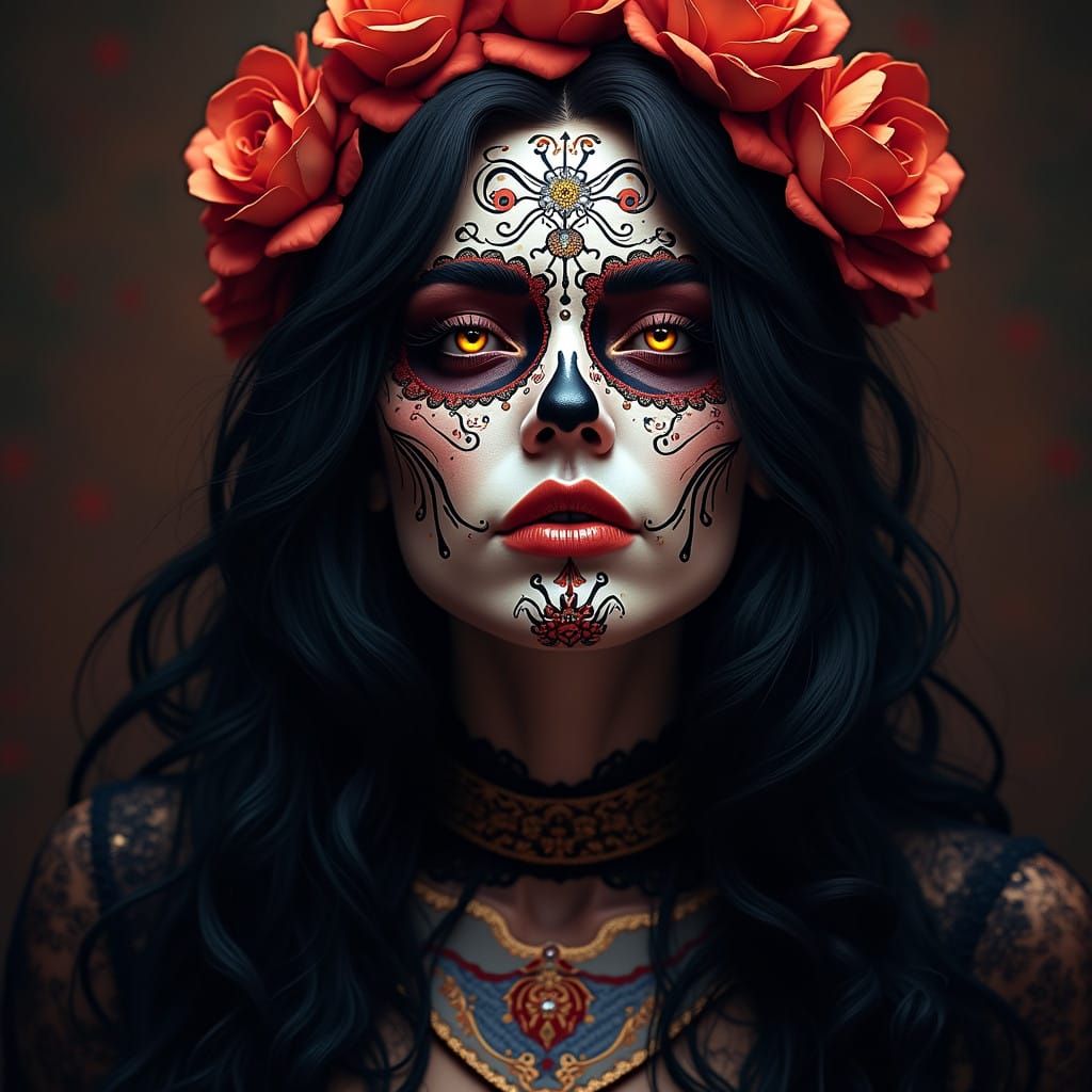 Mysterious Woman in Sugar Skull-Inspired Portrait
