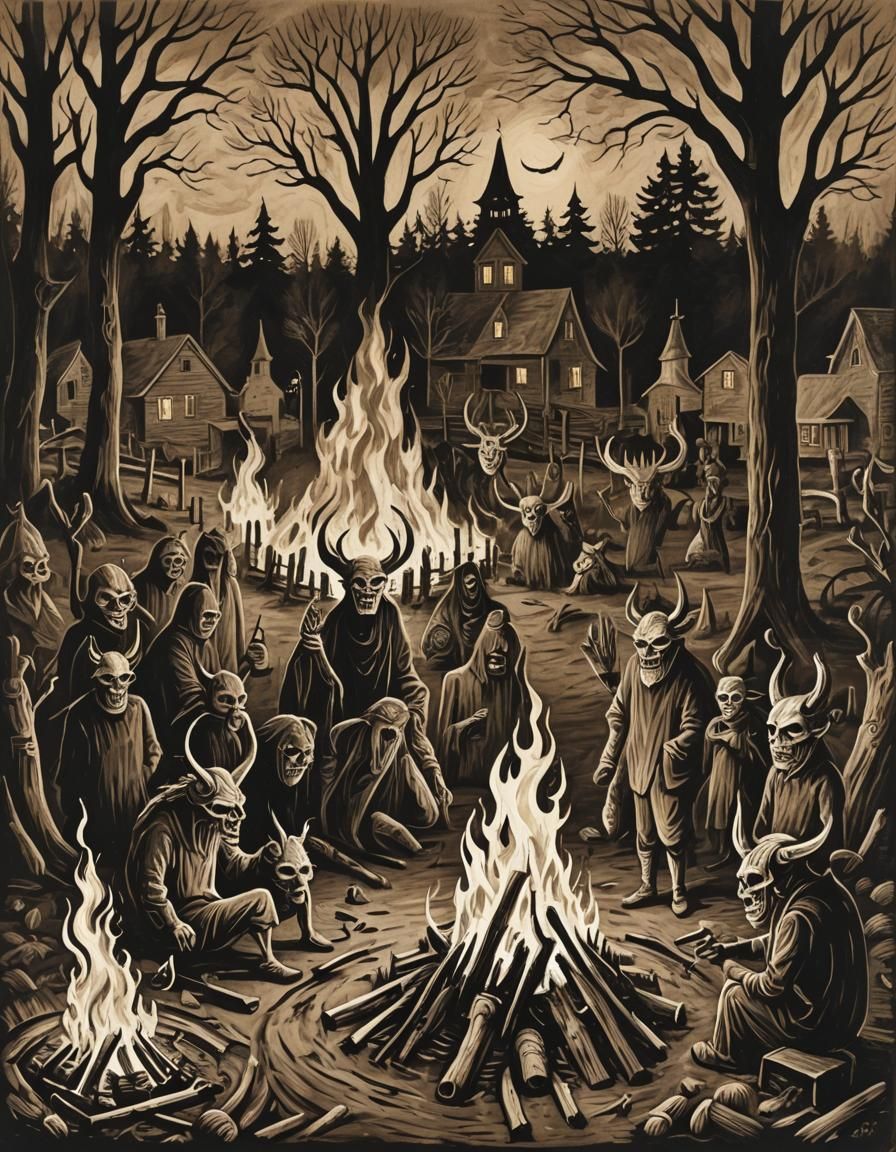 Eerie Pagan Woodcut: Demonic Bonfire in Gouache Style