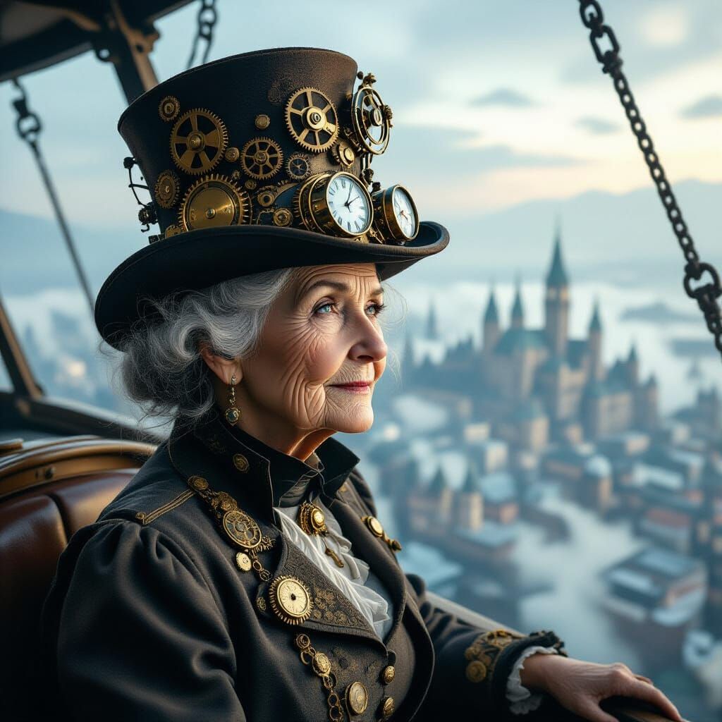 Steampunk Dirigible Captain Over Victorian City