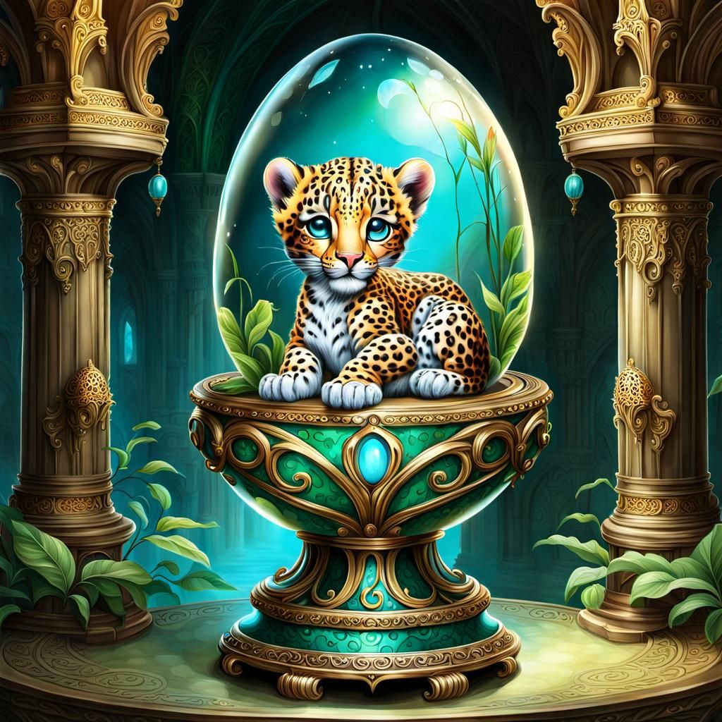 Baby Leopard in Glass Egg, Fantasy Temple Art