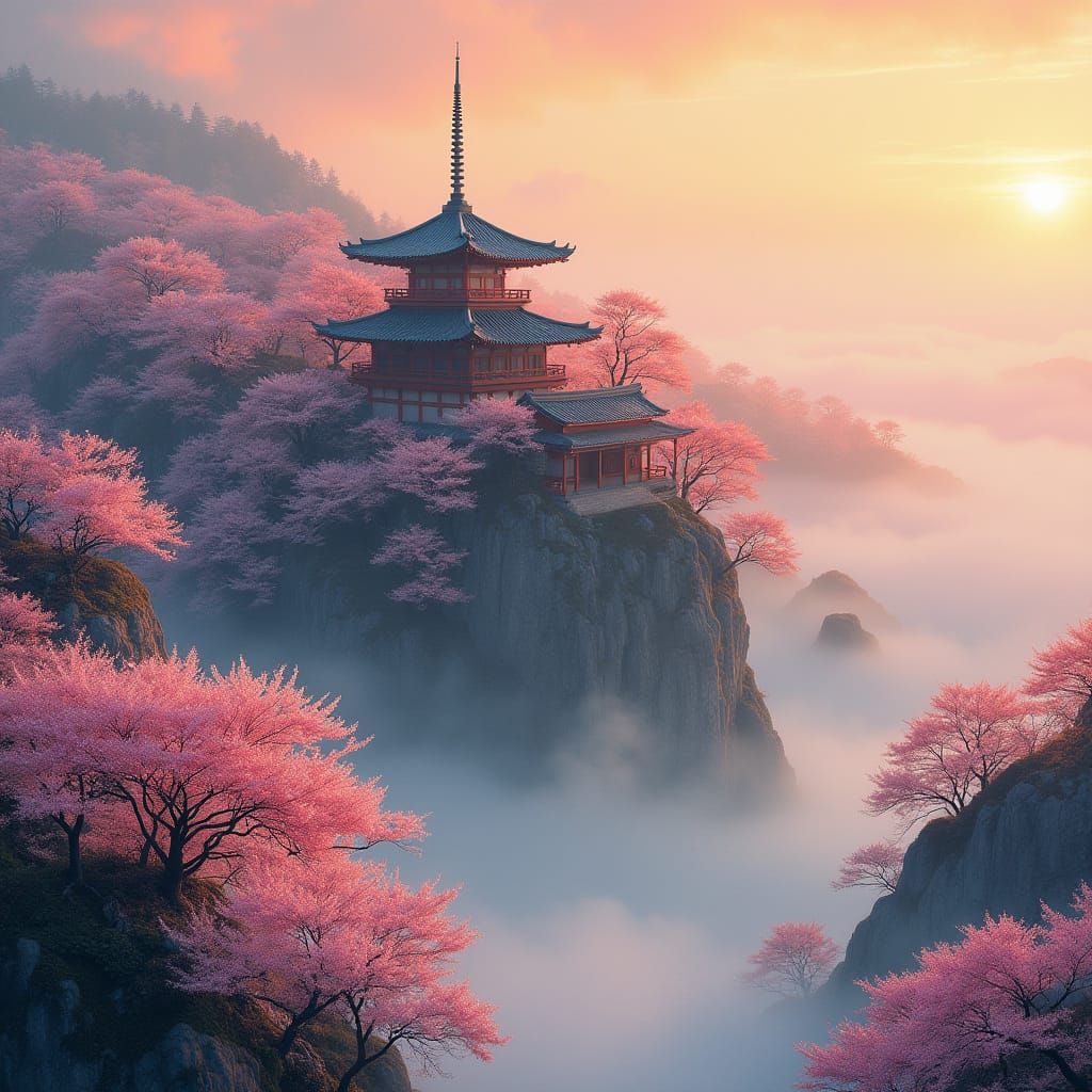 Japanese Temple Amidst Cherry Blossom Forest at Sunset