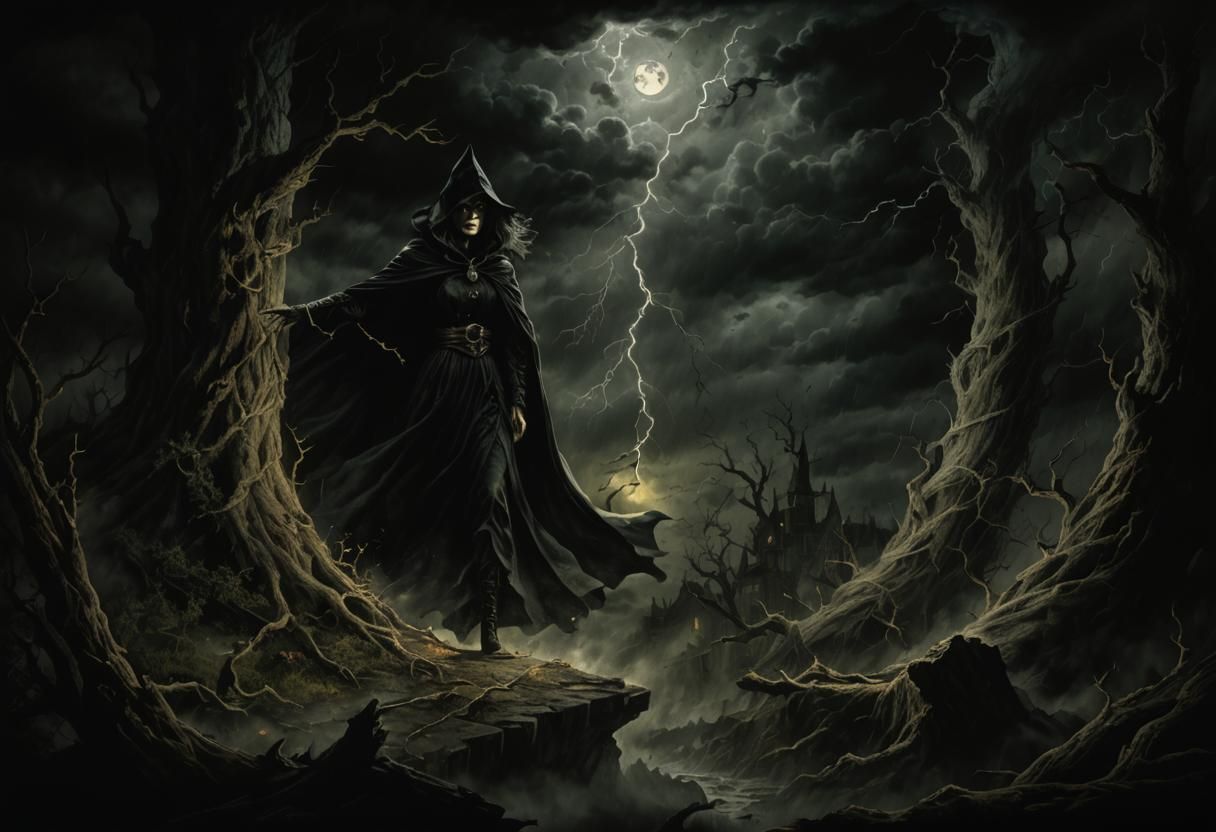 Evil Witch in Stormy Sky: Dark Comic Art