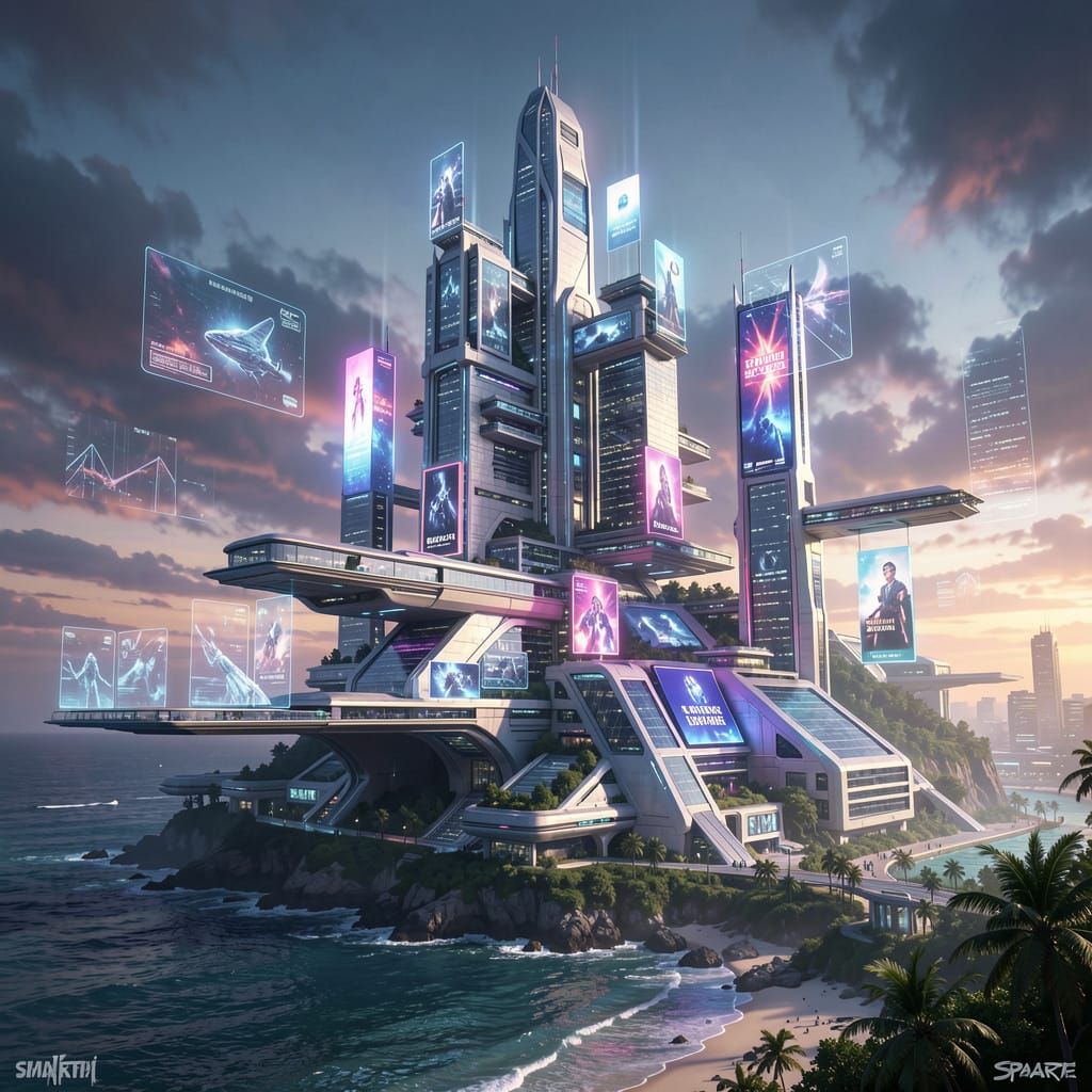 Cyberpunk Coastal Arcology in Neon Glow