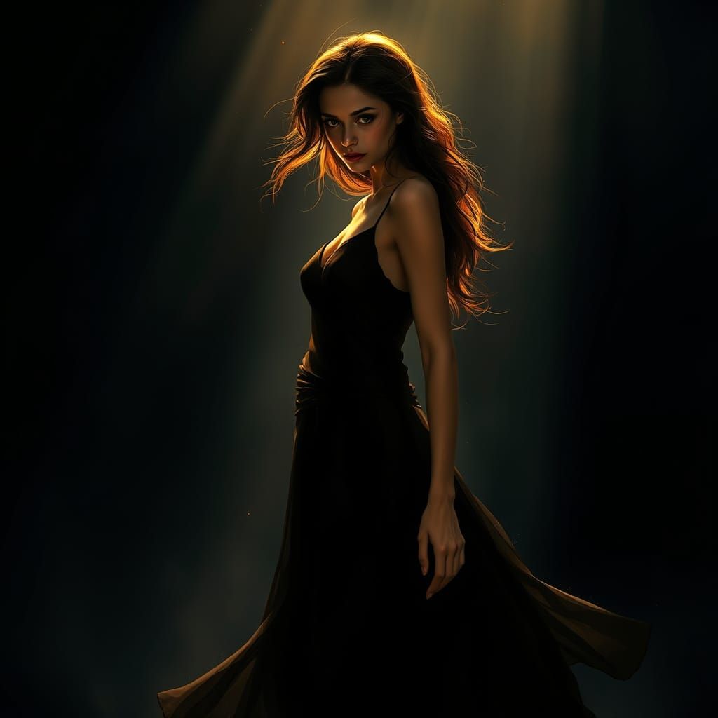 Ethereal Woman Emerges from Darkness: Mystical Digital Art