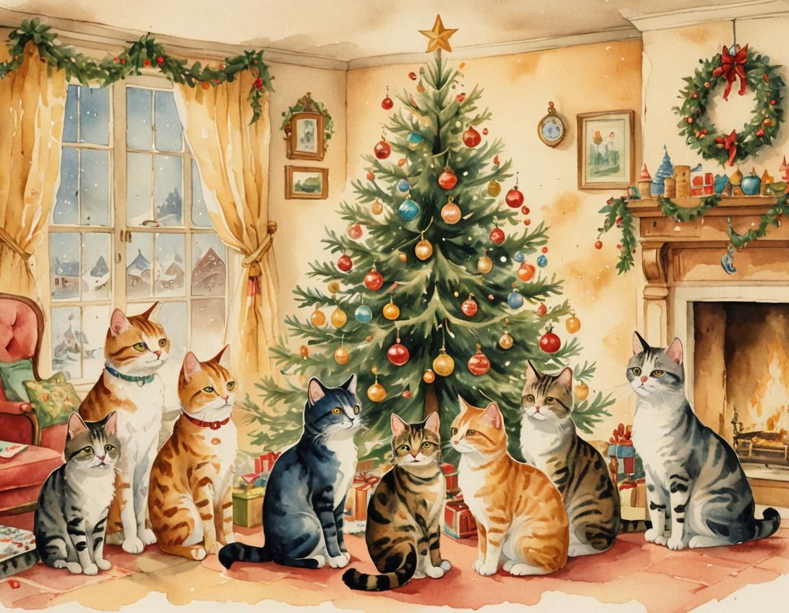 Whimsical Cats Celebrate Christmas: 19th Century Watercolor