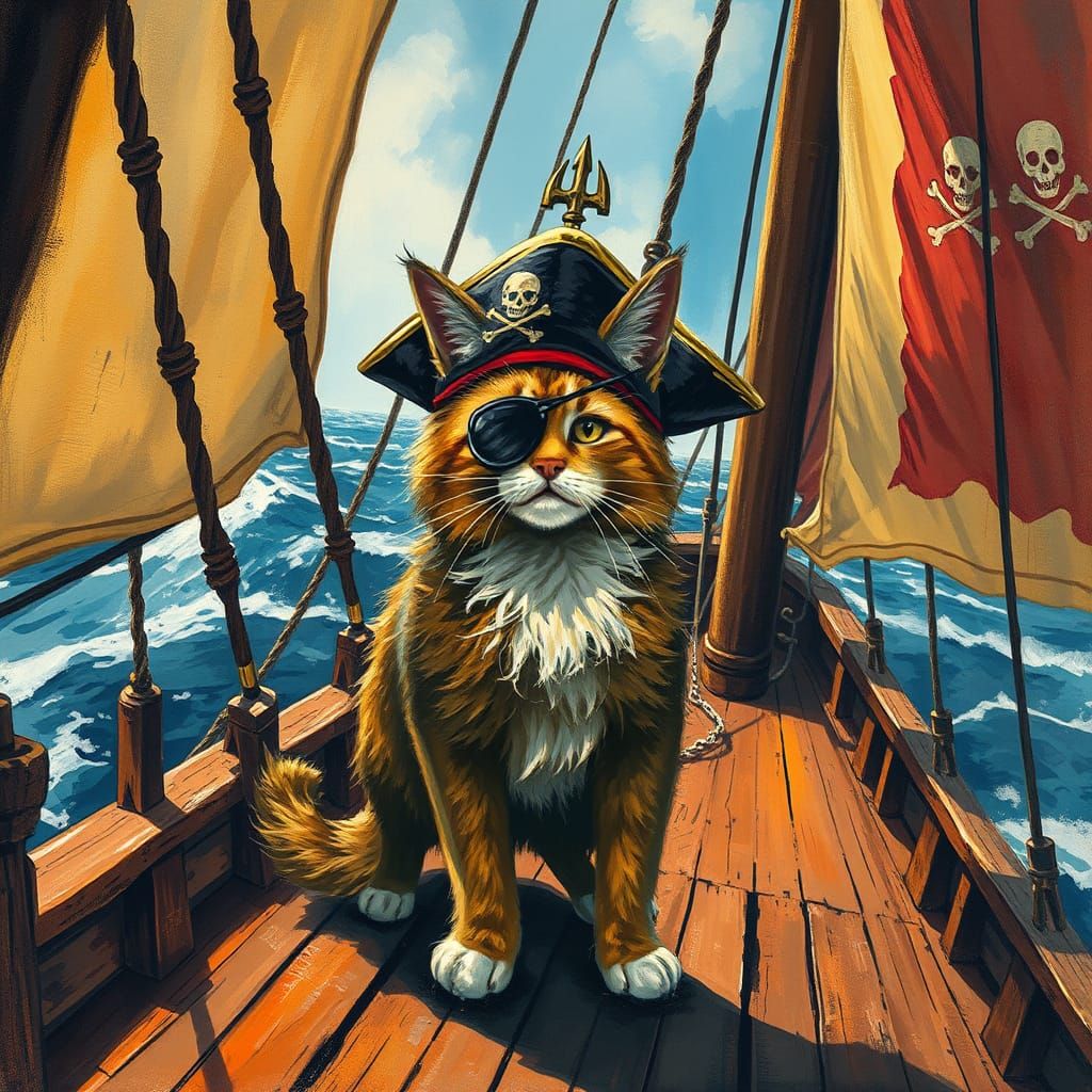 A cat on the pirate ship in the ocean, has a trident hat on, wears an eye patch on his left eye