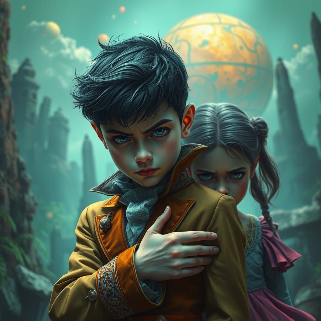 Surreal Boy Deceives Girl in Dreamlike Landscape