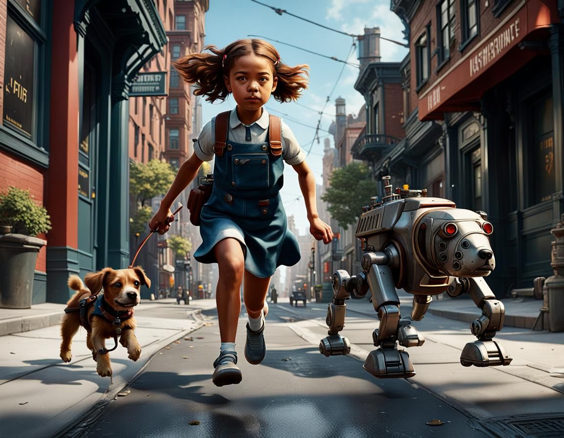 Norman Rockwell inspired little girl skipping down the sidew...