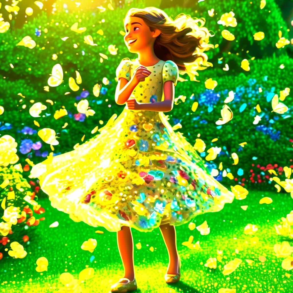 Pixar Style Girl Dancing in Sunlit Garden