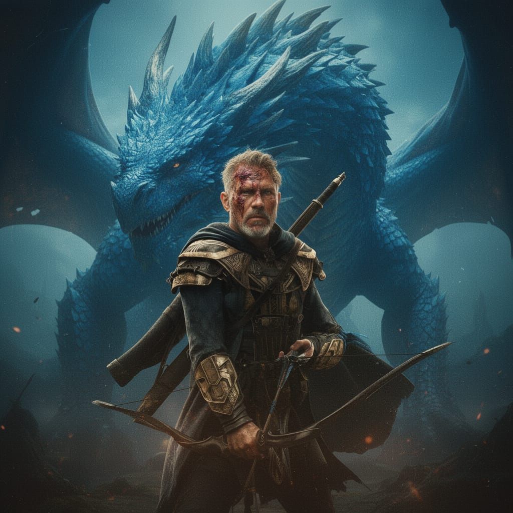 Battle-Worn Rogue Faces Colossal Blue Dragon in Cinematic Sc...