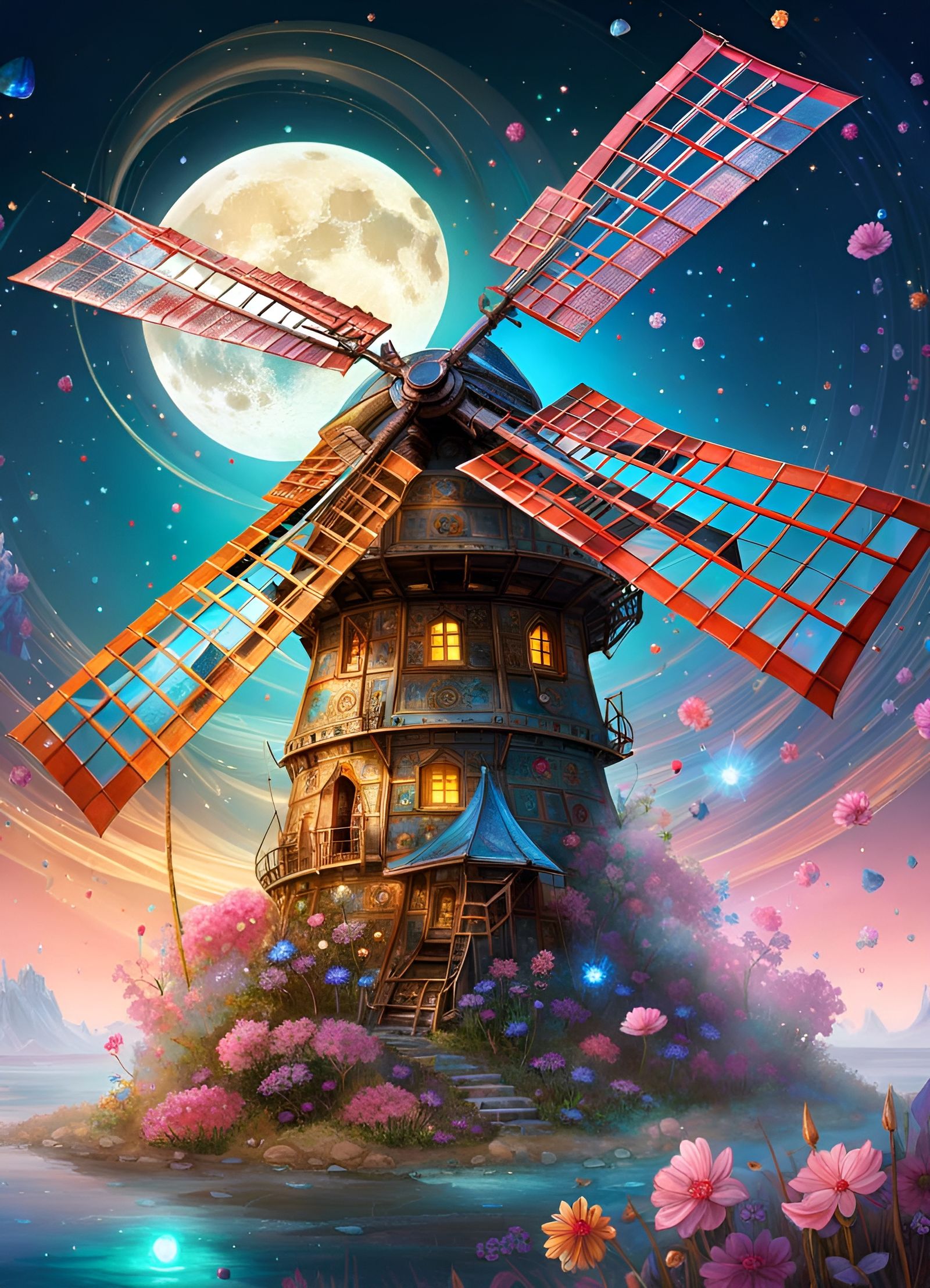 Crystal Windmill Blowing Flowers in Fantasy Artwork