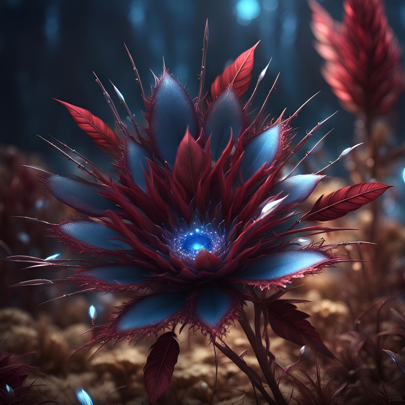 Burgundy Fantasy Flower with Feathers, Digital Art