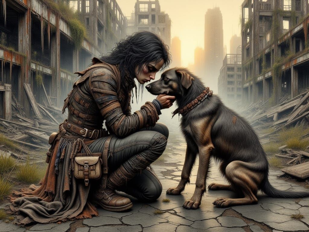 Goth Girl and Dog in Post-Apocalyptic Wasteland