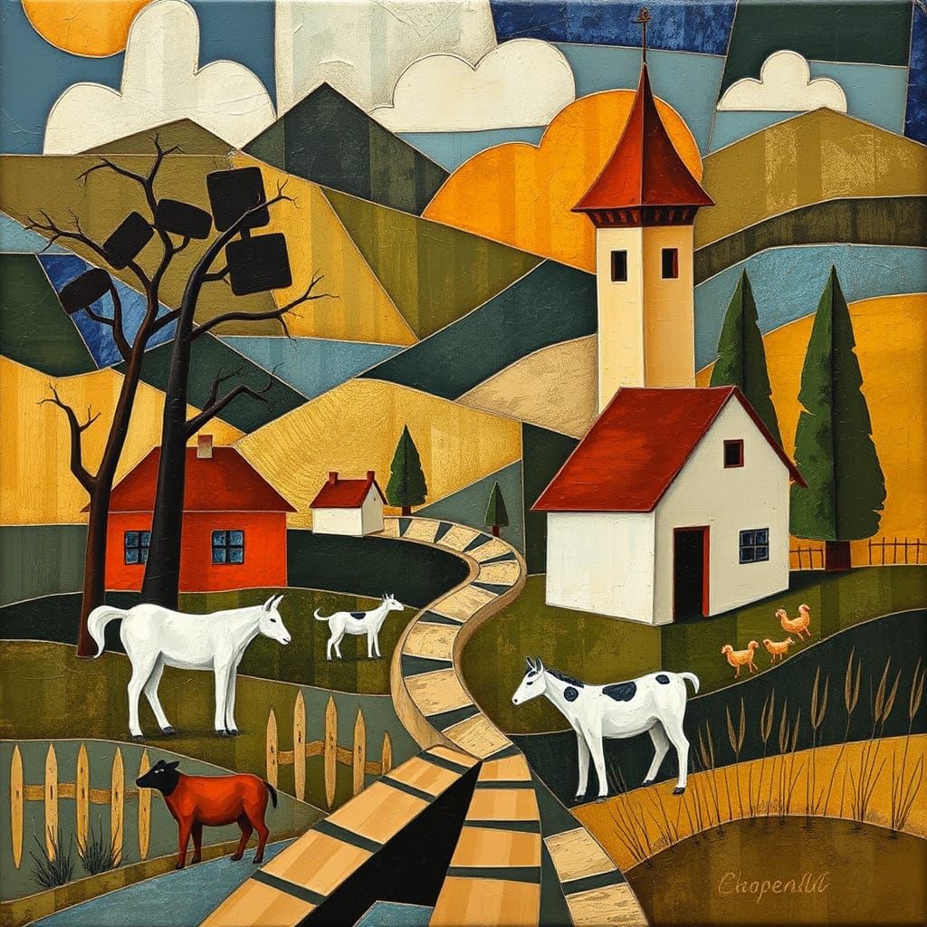 Encaustic Village Scene in Abstract Cubism Style