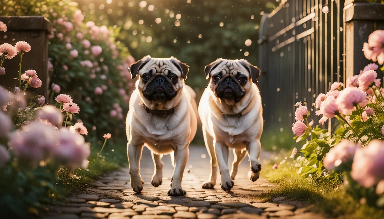 Pug's Floral Path: A Realistic 8K Photo