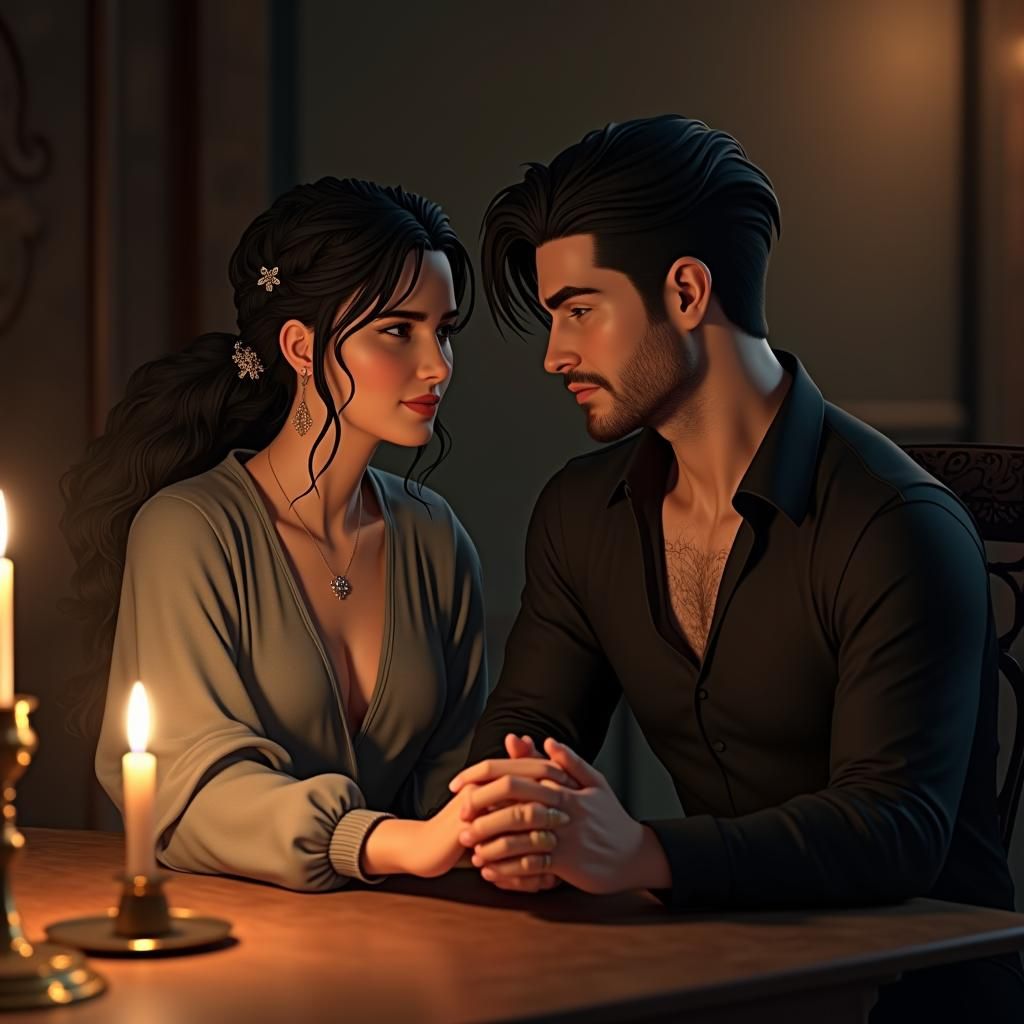 Candlelit Moment: Woman and Man in Digital Anime Style