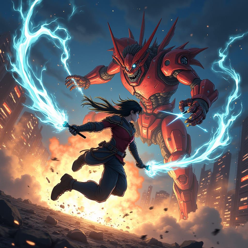 Warrior Battles Mecha-Kaiju in Explosive Cityscape Battle