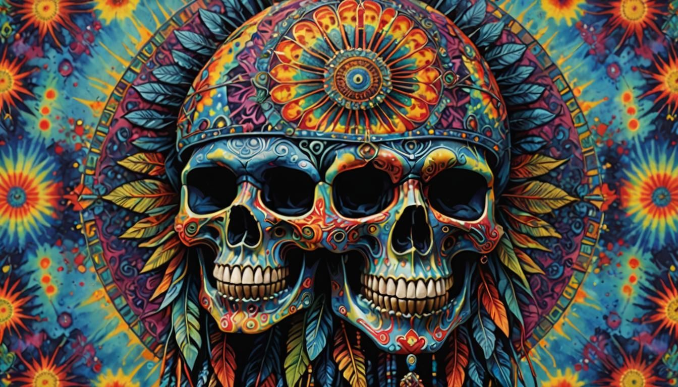 Kaleidoscopic Sugar Skull with Headdress in Tie-Dye Style