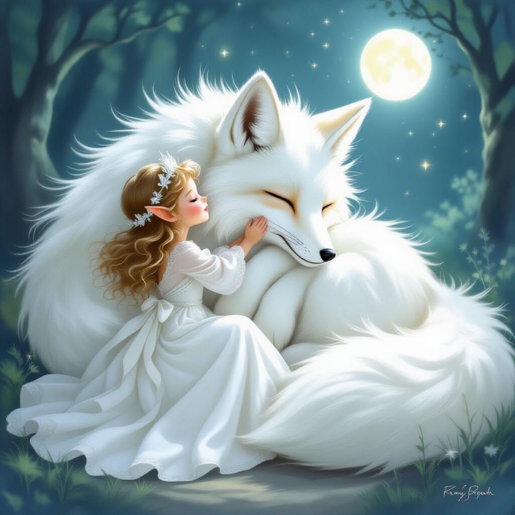 Elf Princess and Luminous Fox in Whimsical Style