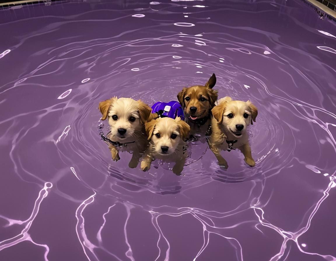 Dogs Swimming at Night in Purple Light