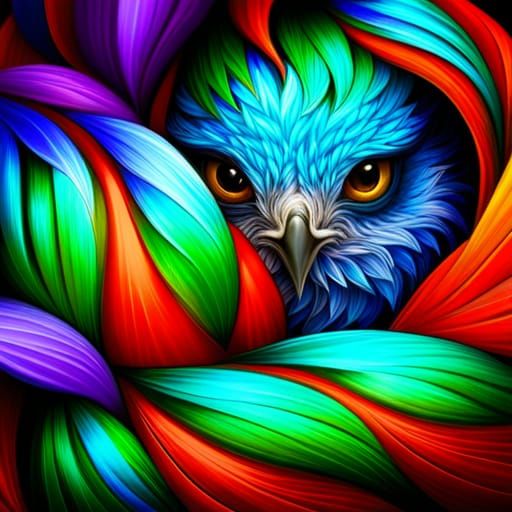 Cute Blue Bird with Fractal Flowers in Pixel Art
