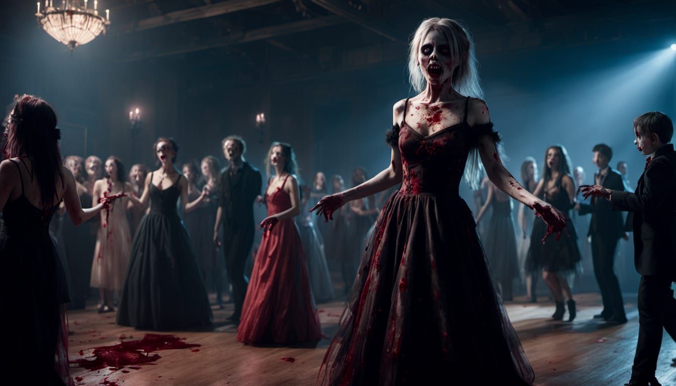 Zombie Girl Dances at Gothic Prom in Cinematic Horror Style