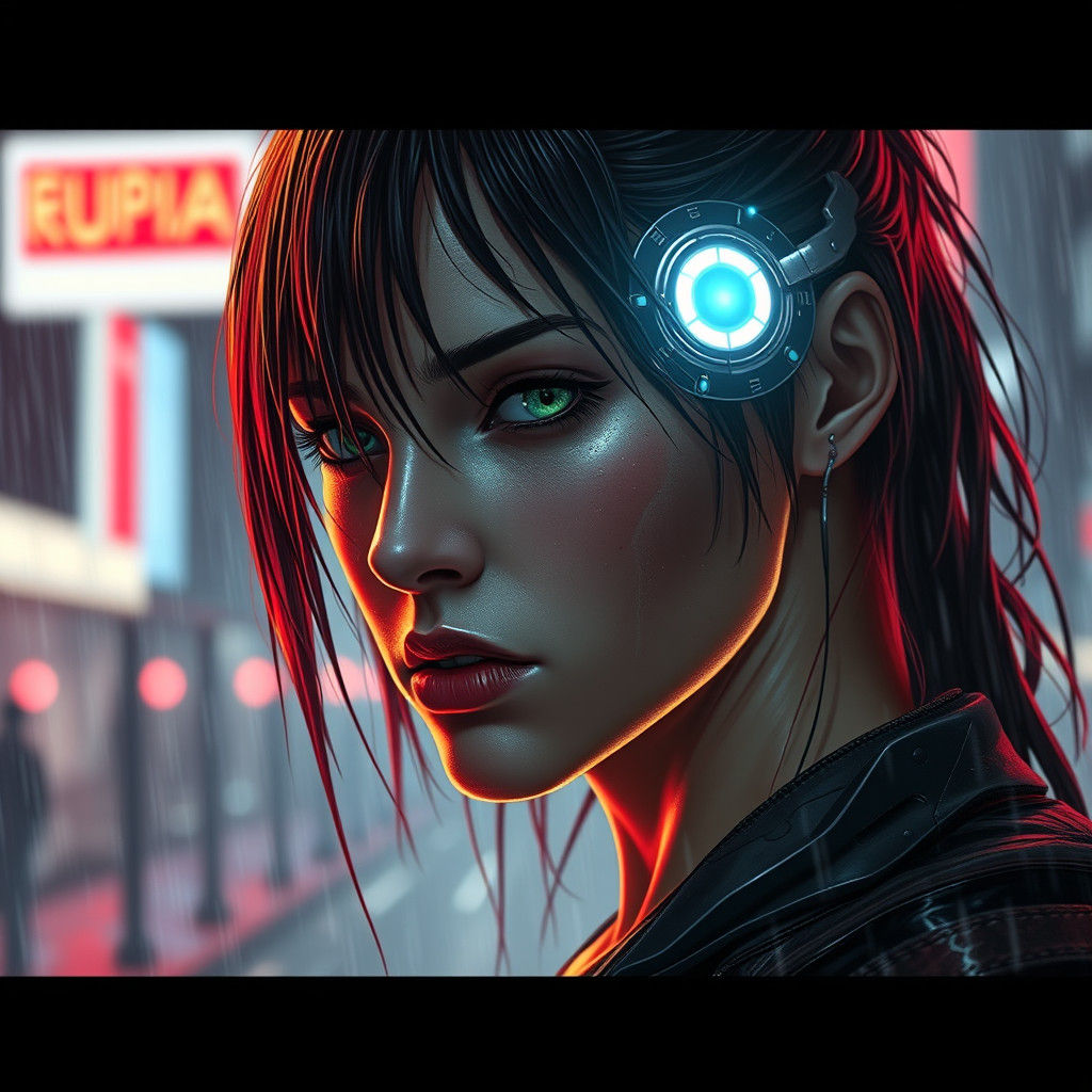 Cyberpunk Warrior in Rain, Cybernetic Eye Glow