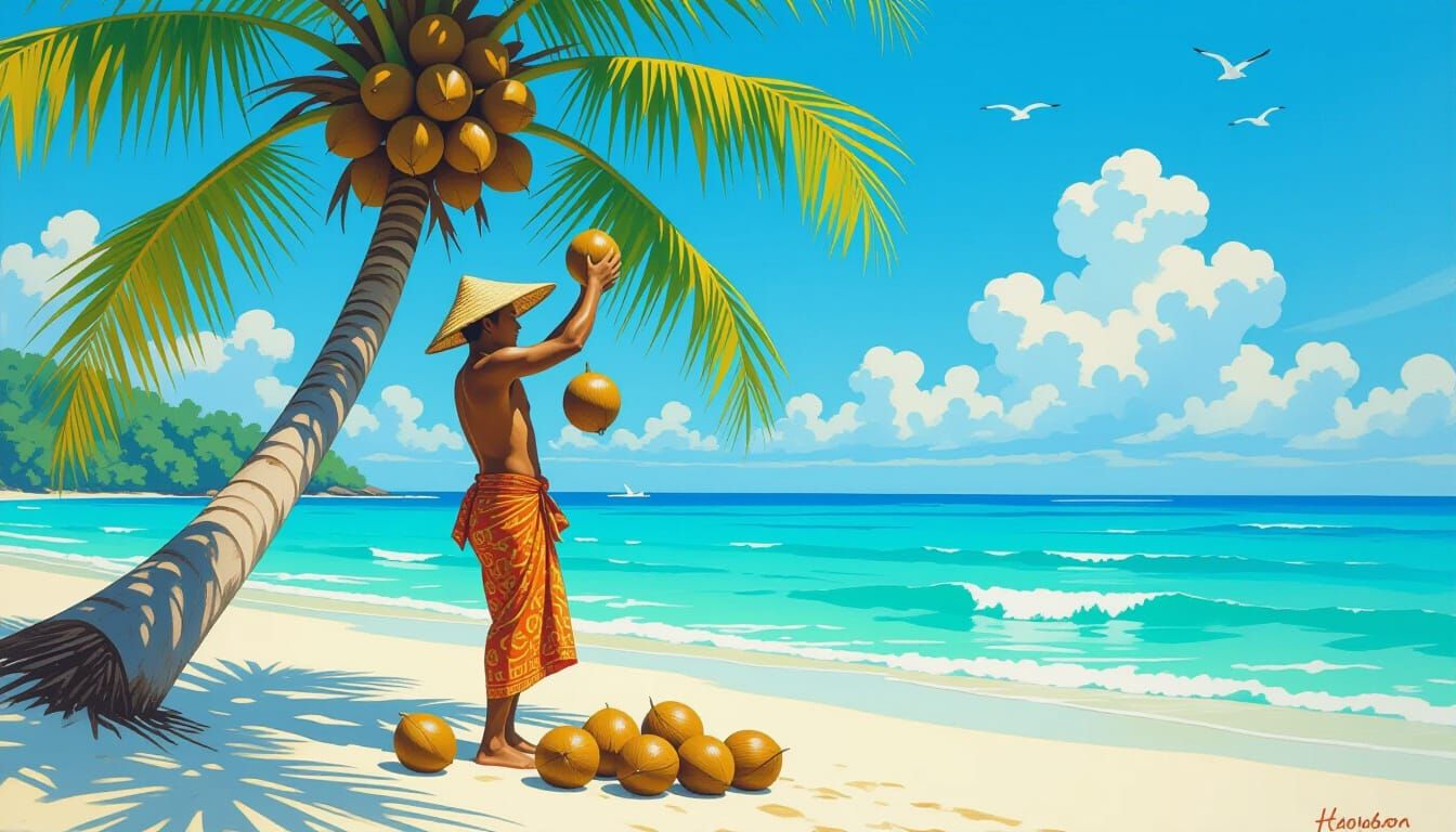 Coconut Harvester on a Tropical Beach, Indonesian Art Style
