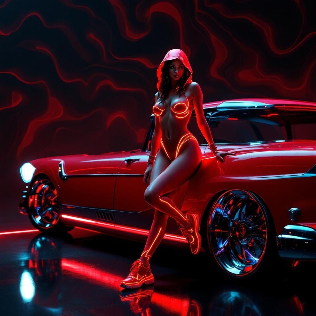 Futuristic Woman and Car in Cyberpunk Style