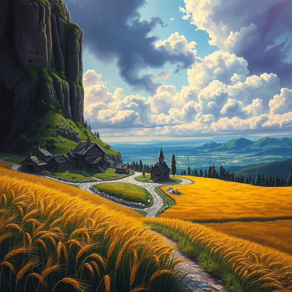 Mystical Fantasy Village with Approaching Storm