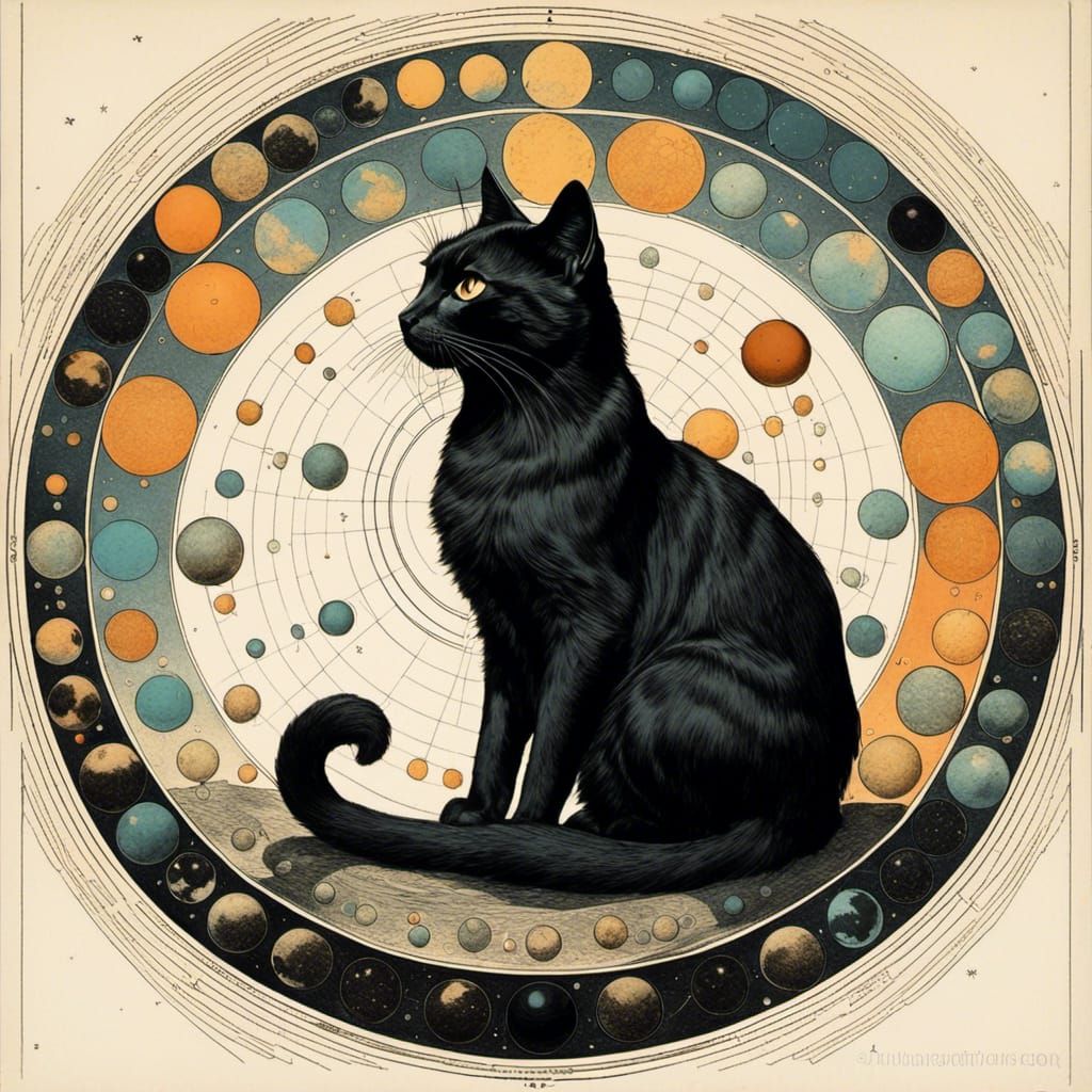 Cat in Sci-Fi Circle, Victorian Art Illustration