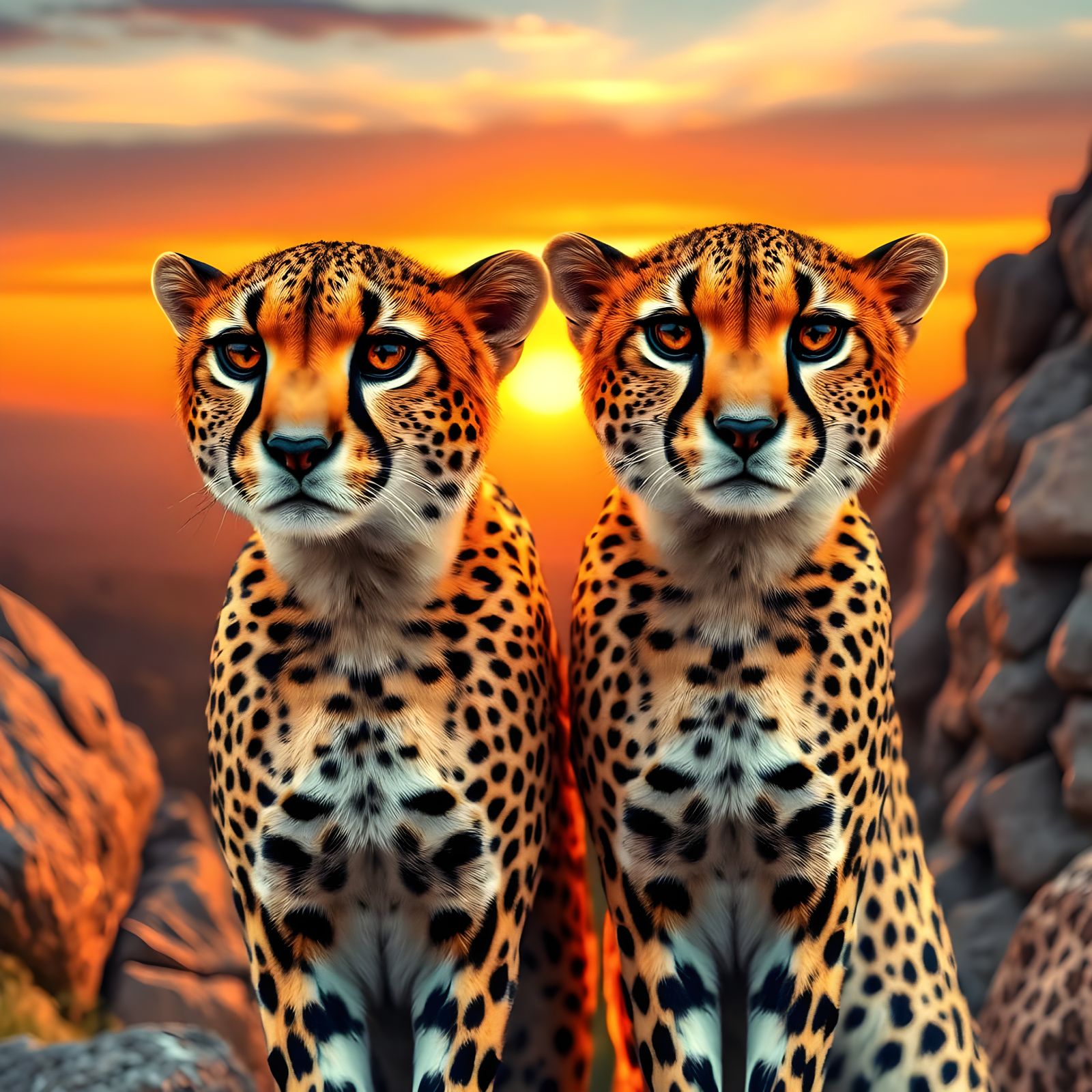 Double Exposure of Two Cheetahs in Serene Natural Setting