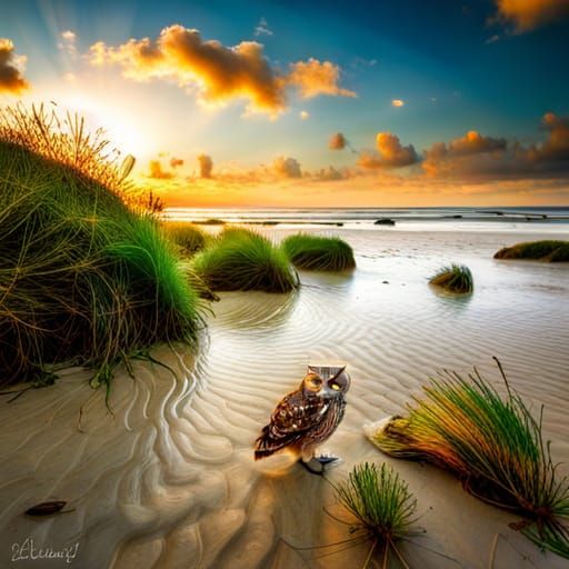 Hyperrealistic Owls on Sandy Beach in HDR