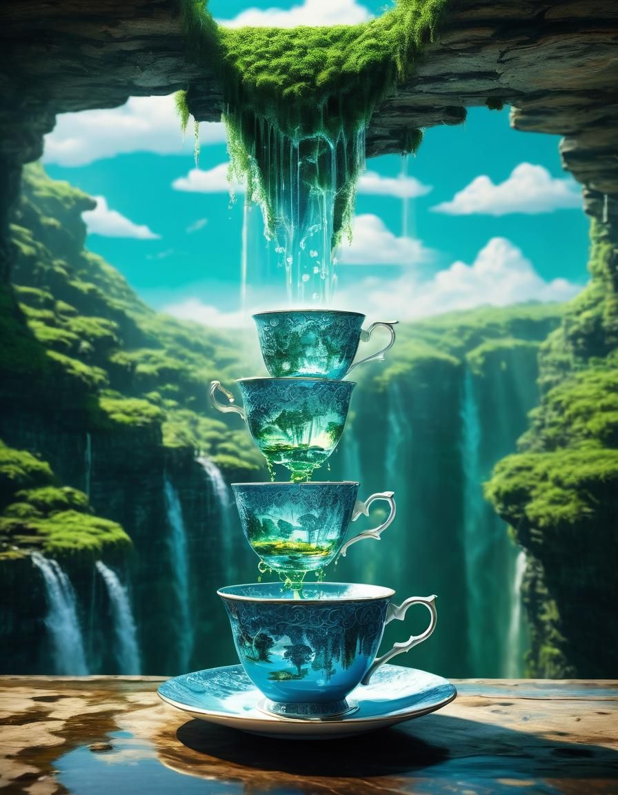 Emerald Cups Cascade Tea in Detailed Filigree Painting
