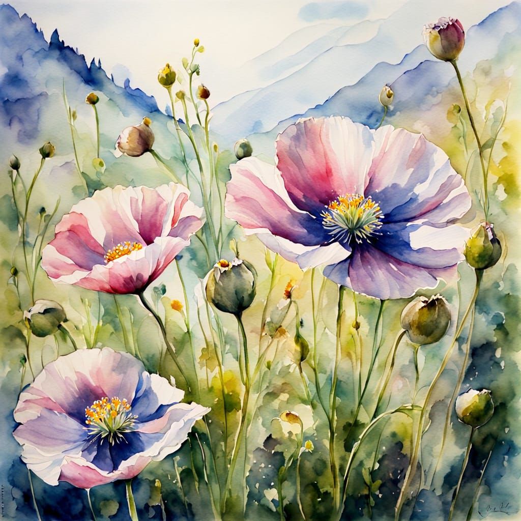 Meconopsis Flower in Watercolor, Impressionist Style