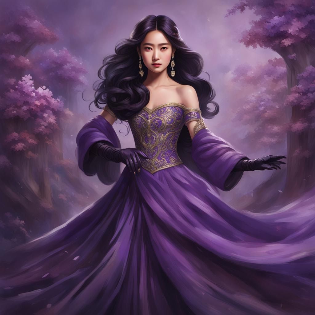 East Asian Woman in Purple Royal Dress