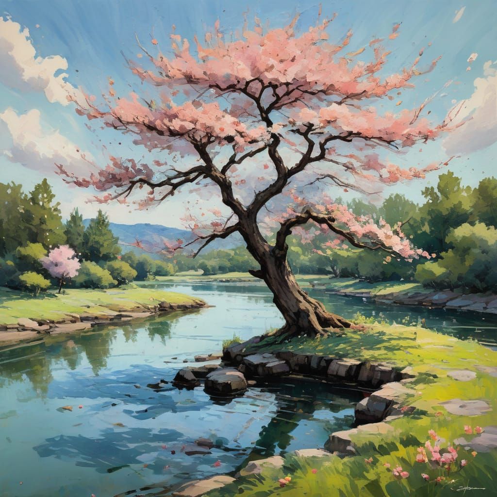 Lone Cherry Blossom Tree on a Floating Island in Dreamlike W...