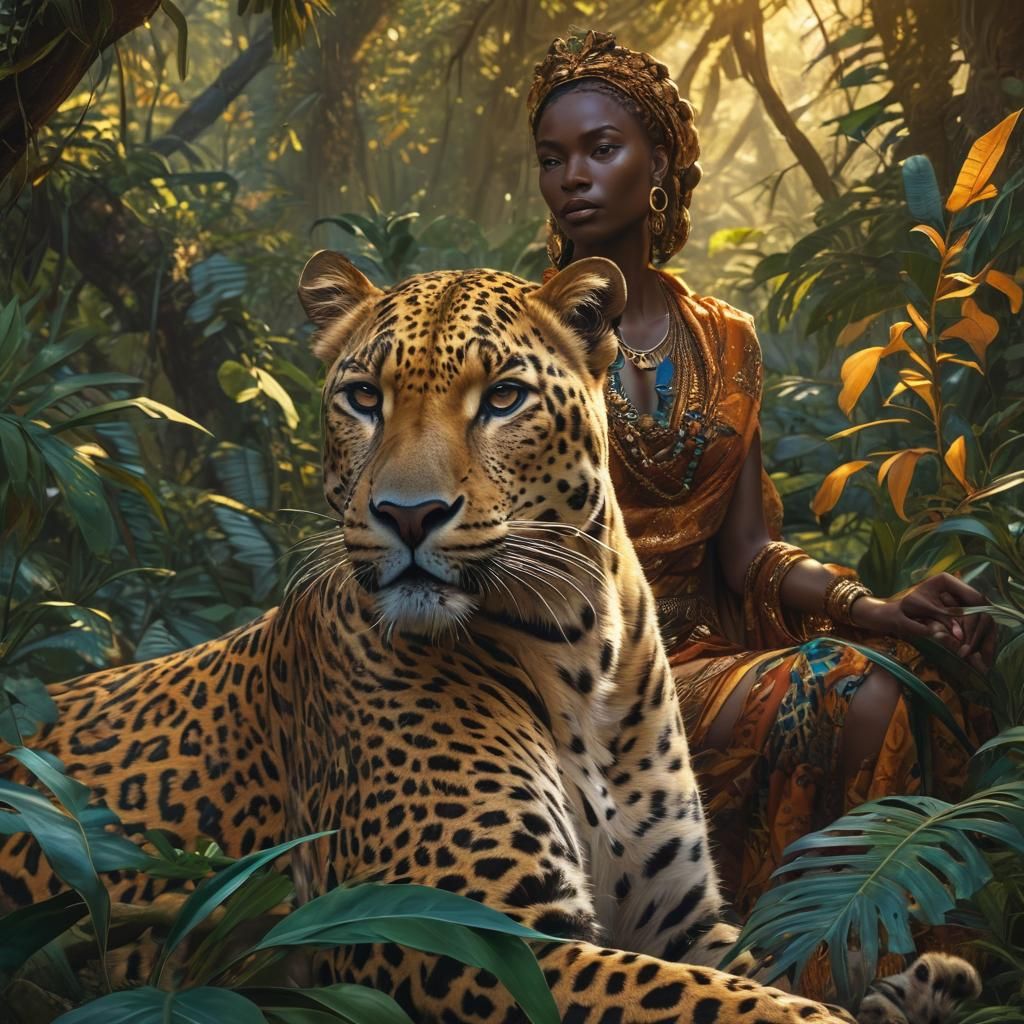 Golden Leopard and African Queen in Jungle