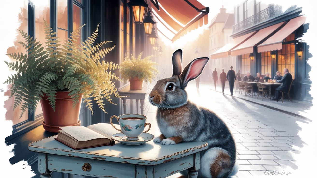 Rabbit in European Cafe: Ink Wash Painting