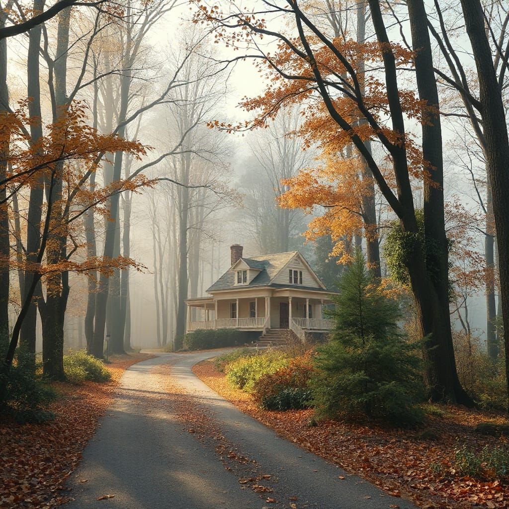 Misty Autumn Forest Road in Golden Hour
