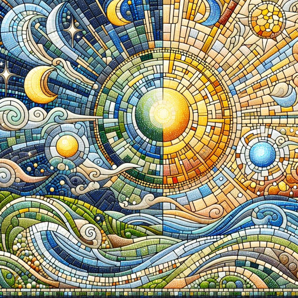 Art Deco Mosaic Landscape with Sun and Moon