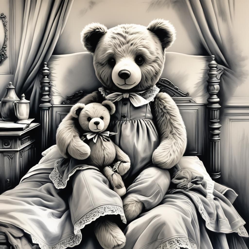 Victorian Bedroom: Mother Teddy Bear Charcoal Drawing