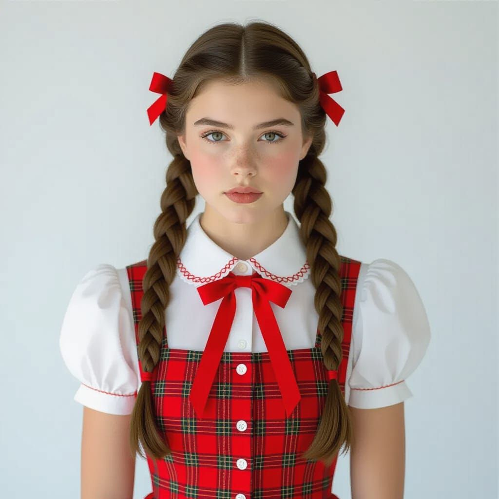 Hyperrealistic Portrait of a Young Woman in Tartan Dress