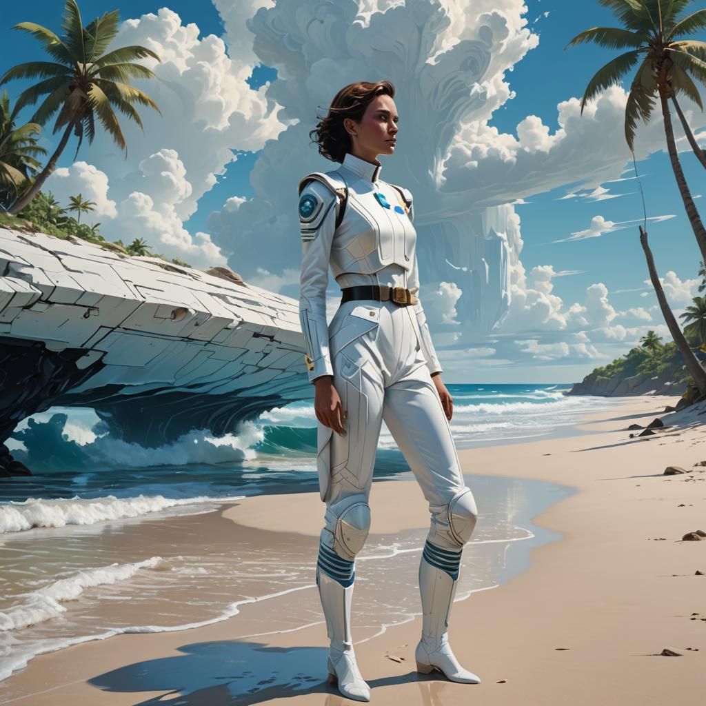 Woman in White Atreides Suit on Tropical Beach